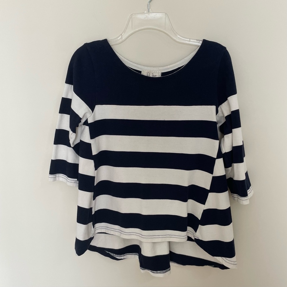 Lili Rose Navy White Striped 3/4 Sleeve Back Pleat Top Women’s Size M